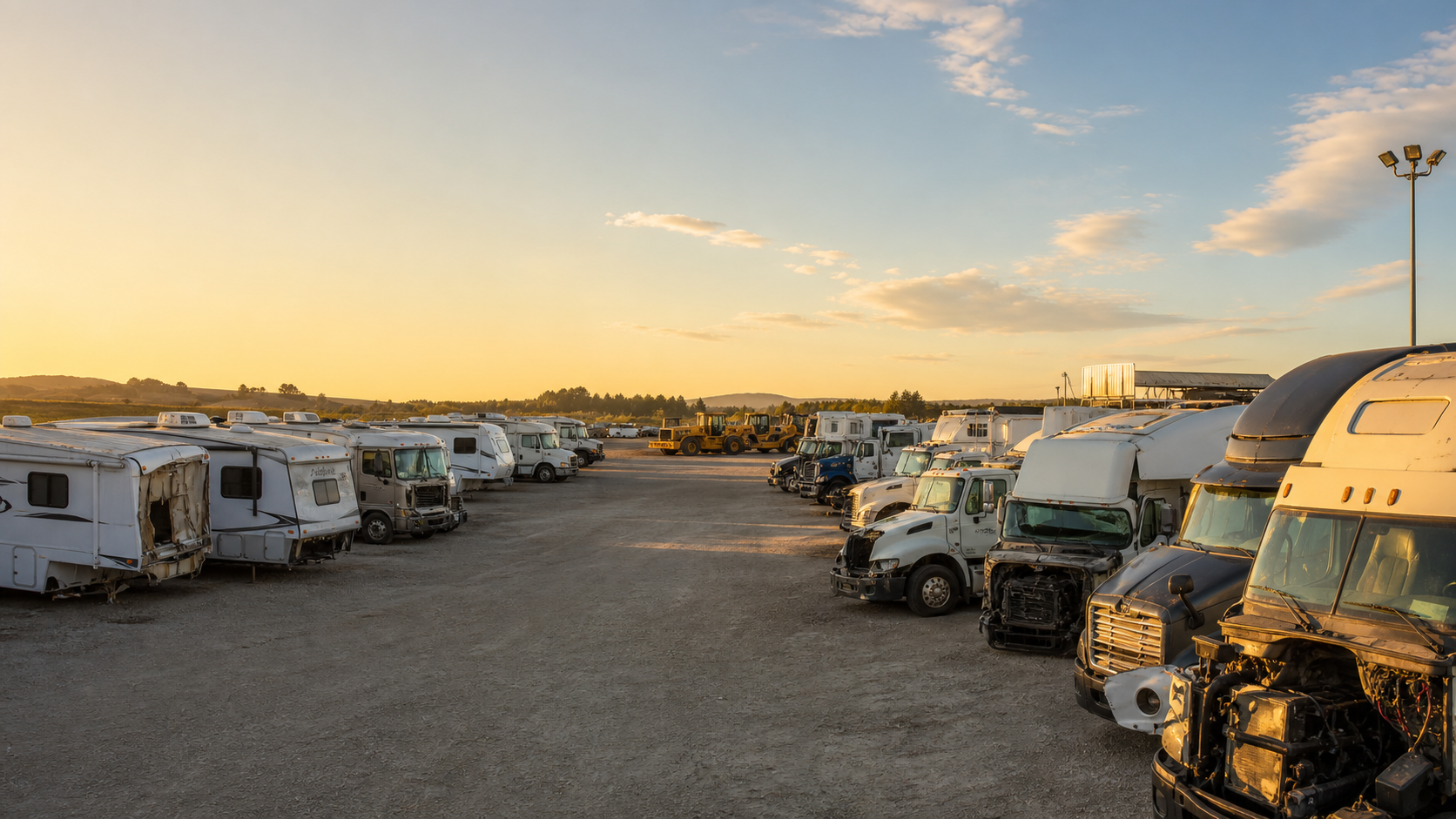 Organized salvage auction yard with commercial trucks, RVs, and heavy equipment.